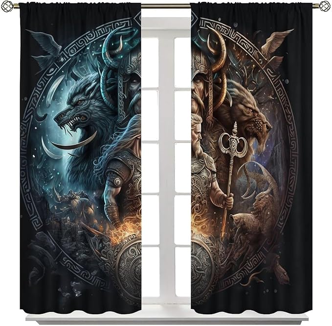 Cool Norse Viking Theme Curtains - Fantasy Ancient Symbols Wildlife Wolf Nordic Vikings Thermal Insulated Blackout Curtains - Rod Pocket Window Treatment Drapes for Bedroom 2 Panels 63L x 21W