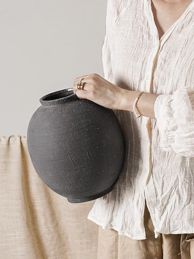 Large Blak Ceramic Vase - 9.8 Inch Rustic Farmhouse Vase for Home Decor, Minimalist Tall Vases for Living Room, Table, Bathroom, Holiday & Weddings (Sandstone Black)