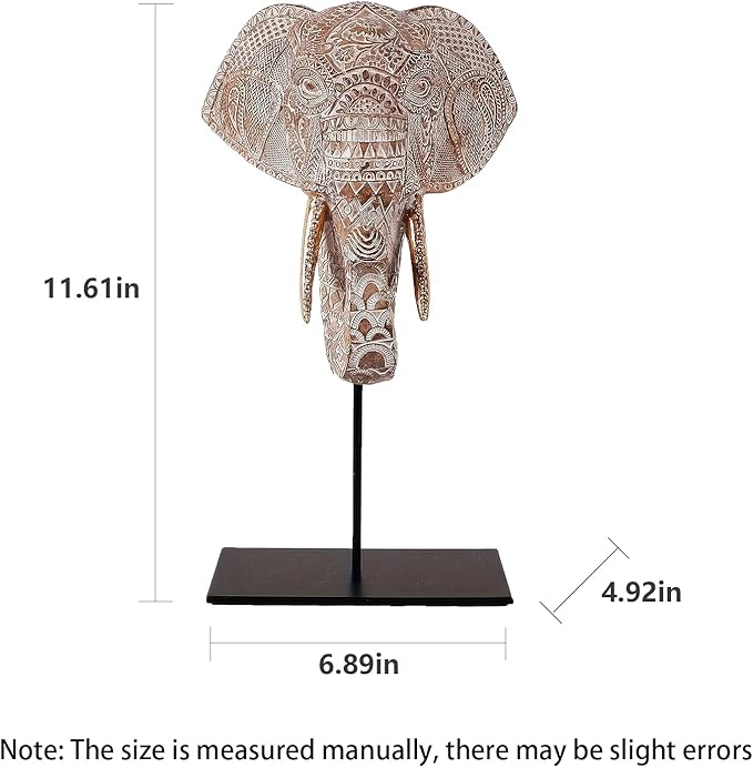 Elephant Head Statues Elephant-Shaped Decor Home Living Room Decor Sculpture Shelf Decorations Ornaments Office Figurine Desktop Accent Aesthetic Collectibles (White-Brown)