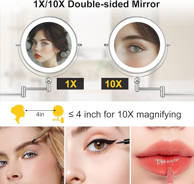 9" Wall Mounted Lighted Makeup Mirror,4000mAh Rechargeable Double Sided 1X/10X Magnifying Mirror with Light,3 Color Lights,Touch Dimmable,Extended Arm 360 Rotation Wall Mounted Makeup Mirror