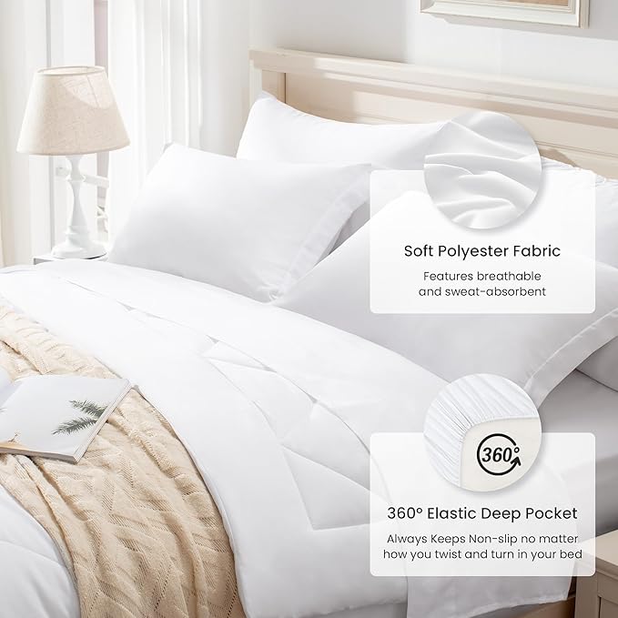 Love's cabin King Size Comforter Set White, 7 Pieces King Bed in a Bag, All Season Bedding Sets with 1 Comforter, 1 Flat Sheet, 1 Fitted Sheet, 2 Pillowcase and 2 Pillow Sham