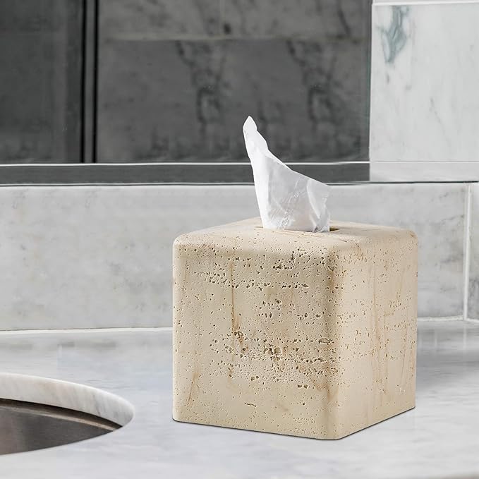 Natural Travertine Textures Tissue Box Cover Square for Home Decor,Resin Heavy Tissue Box Holder for Bathroom Countertop,Tabletop,Bedside Table,Office (Handmade of Resin)