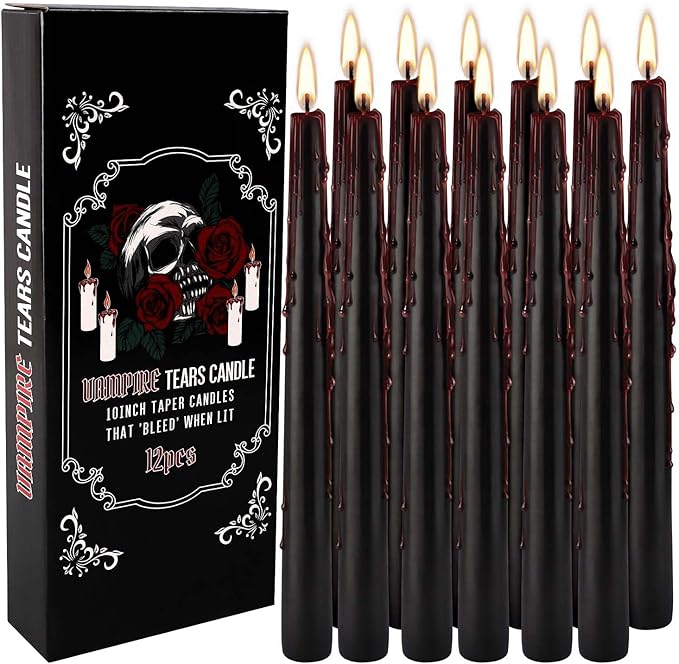 12PCS 10-Inch Black Bleeding Taper Candles,Vampire Tears Taper Candles- Unscented Ideal for Halloween, Christmas, Rituals, and Themed Party Decor