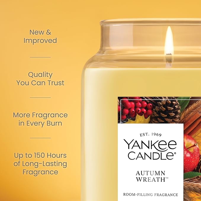Yankee Candle Autumn Wreath, Fall Scented Candle, 22oz Large Jar with up to 150 Hour Burn Time