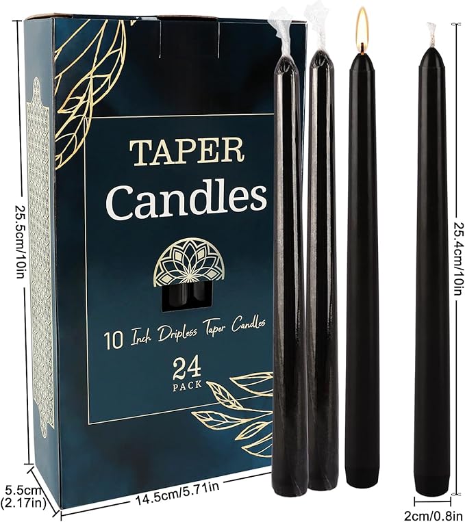24 Pack Black Taper Candles, 7-8 Hours Burn Time, Unscented, Smokeless and Dripless, 10 Inch Dinner Candle Set for Household, Wedding, Party and Home Décor Candlesticks.