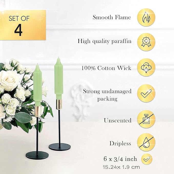 Light Green Short Taper Candle Sticks Dripless Tapered Candles for for Holiday Wedding Party Wax Unscented Dinner 6 inch Set of 4,Light Green
