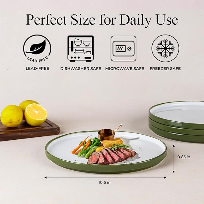 AmorArc Ceramic Dinner Plates Set of 6,10.5 inch Large Stoneware plates for Kitchen, Microwave&Dishwasher Safe,Scratch Resistant-Green