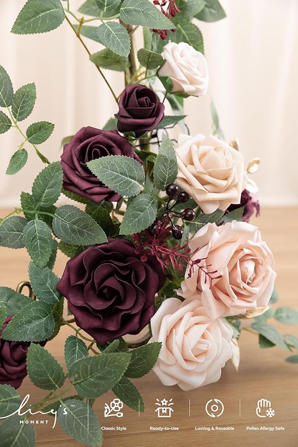 Ling's Moment 2pcs Wedding Flowers Garland Artificial Floral Swag Arch Decorations Rose Greenery Arrangements Marsala Blush Ceremony Reception Garden Easel Wall Entryway Outdoor board(NOT Include Sign
