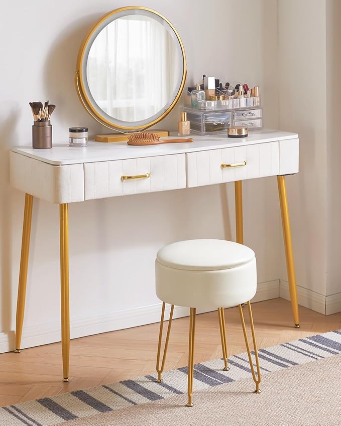 IBUYKE Faux Leather Round Footrest Stool with Storage Ottoman, Makeup Vanity Chair Side Table, PU Dressing Table Seat, Removable Cover, Golden Steel Legs, White WBD024W