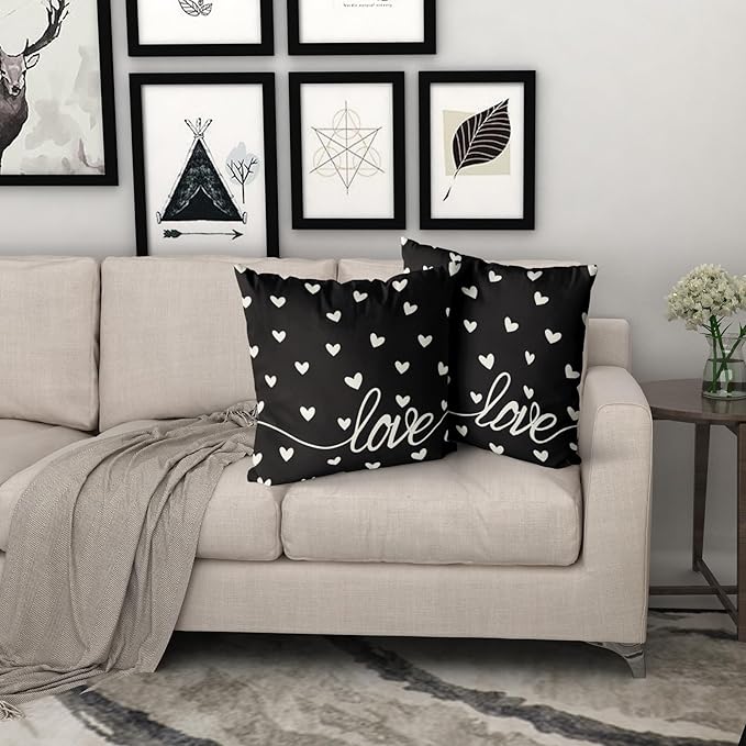 Giwawa Valentines Day Pillow Covers Set of 2 Black Love Hearts Throw Pillowcases Romantic Decorative Double Sided Cotton Square Cushion Covers 20x20inch for Sofa Couch Bedding Wedding Anniversary
