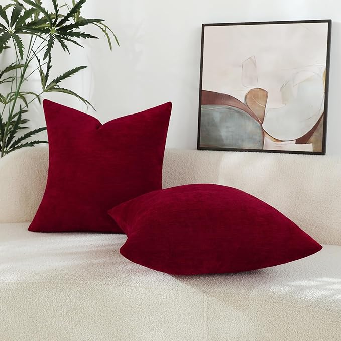 Santa Red Chenille Decorative Couch Throw Pillow Covers, Soft Cushion Cases for Home Livingroom Sofa Décor, Pack of 2, 14 x 14 Inches