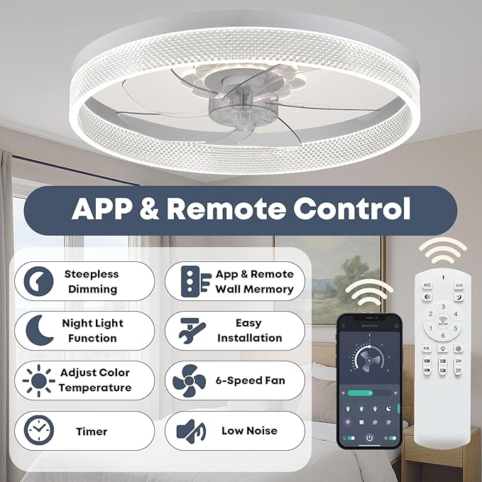 20‘’ Ceiling Fan with Light, Upgraded Low Profile Fan, Flush Mount Ceiling Fan, 6 Speeds, Dimmable LED, App & Remote Control, Quiet DC Motor, for Bedroom, Living Room, F093 White-D