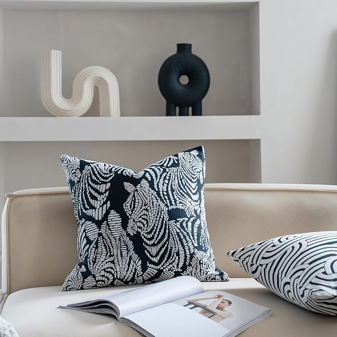 Premium Throw Pillow Covers 22x22 Inches - Black Zebra Pattern Chenille Jacquard Embroidery Decorative Couch Pillow Covers for Living Room Bedroom Sofa Home Décor