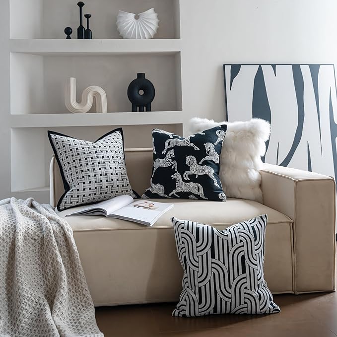 Premium Throw Pillow Covers 20x20 Inches - Art Arcmono Simply Wave Chenille Jacquard Embroidery Decorative Couch Pillow Covers for Living Room Bedroom Sofa Home Décor