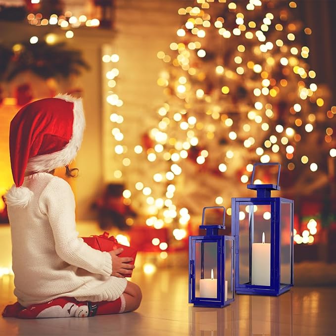 DECORKEY Christmas Decorations Outdoor&Indoor, 17''&13'' Set of 2 Blue Decorative Candle Lanterns, Modern Hanging/Tabletop Candle Holders for Christmas Home Porch Patio Wedding Decor