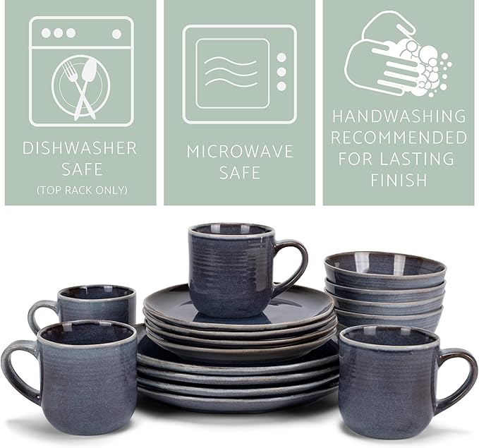 Elanze Designs Reactive Glaze Farmhouse Rustic Boho Ceramic Stoneware Dinnerware 16 Piece Plate Bowl Mug Dish Set - Service for 4, Purple Ombre Blue