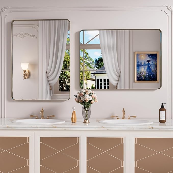 Bronze Bathroom Mirror 22x30 Inch, Brushed Bronze Metal Frame Mirror for Wall, Rounded Rectangle Bathroom Vanity Mirror with Tempered Glass, Anti-Rust, Horizontal/Vertical