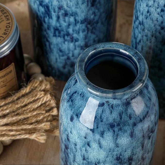 CWLWGO-Blue Ceramic Vase Set, Farmhouse Country Blue Vases for Home Decor, Vases for Your Kitchen Living Room Table Decoration, Shelf Centerpiece and Entrance Decorations.