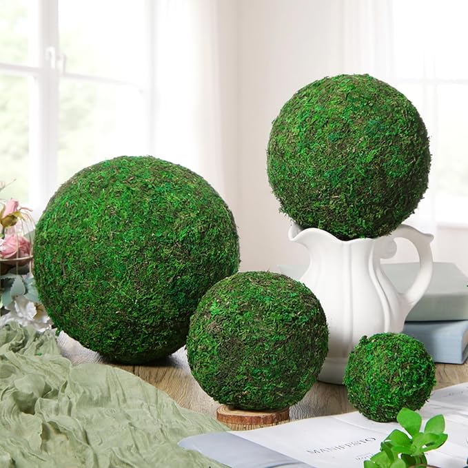 4 Pcs Large Green Moss Balls Artificial Moss Balls Spring Vase Bowl Fillers Hanging for Spring Home Wedding Garden Farmhouse Autumn Table Centerpieces Indoor Outdoor Decor(4 Sizes)