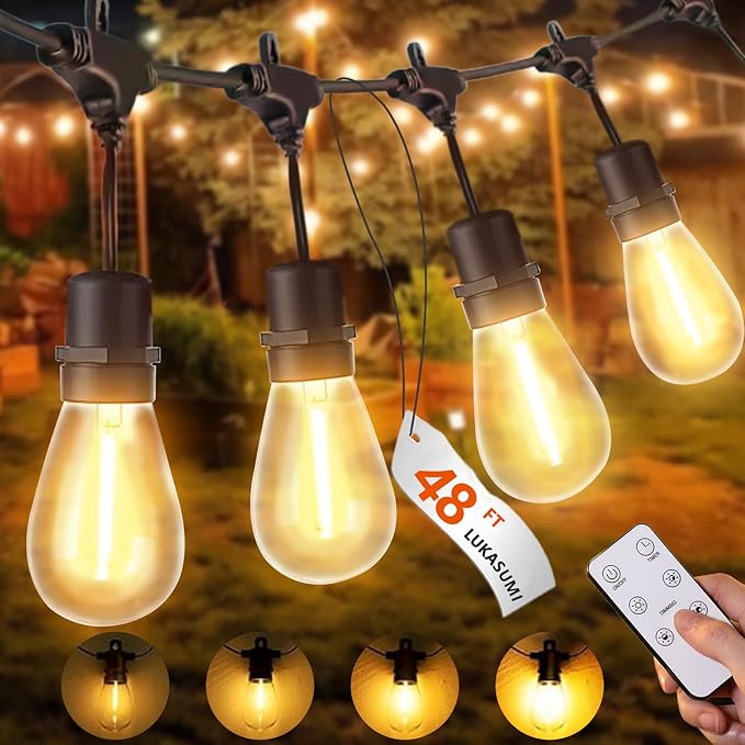 48Ft LED Outdoor String Lights with Dimmer, 15 Edison Bulbs Waterproof Patio String Lights with 4 Brightness Modes Remote Control (Included), Porch Backyard Bistro Decoration