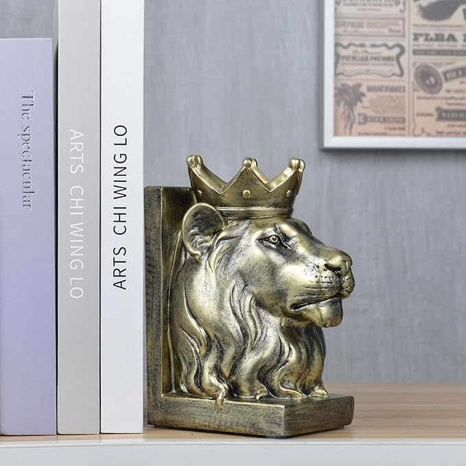 Vintage Gold Lion Book Ends,Animal Decorative Bookends,Resin Book Holder,Luxurious Book Ends for Shelves Rooms Office Home Decor,Unique Book Lover Gift(Gold Lion)