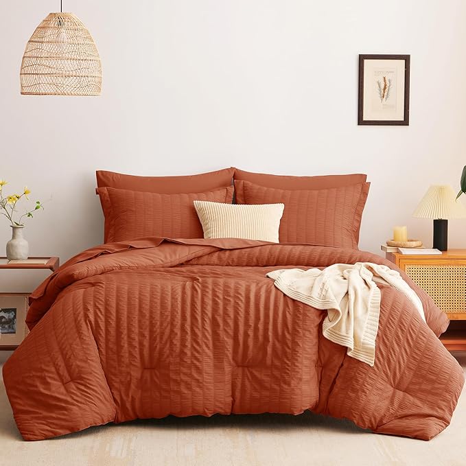 CozyLux King Size Comforter Set Burnt Orange Seersucker 7 Pieces Bed in a Bag King Comforter Set with Sheets Terracotta Luxury Bedding Set with Down Alternative Comforter, Sheets, Pillowcases & Shams