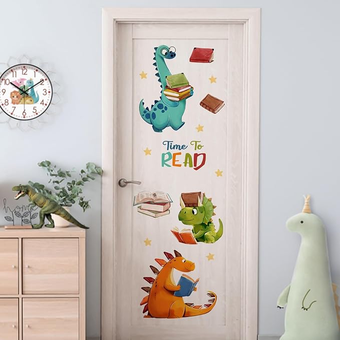 Yovkky Reading Dinosaur Wall Decals Stickers, Time to Read Dino Book Corner Baby Toddler Nursery Classroom Library Decor, Positive Quote Home Decorations Kids Bedroom Study Room Reading Nook Art