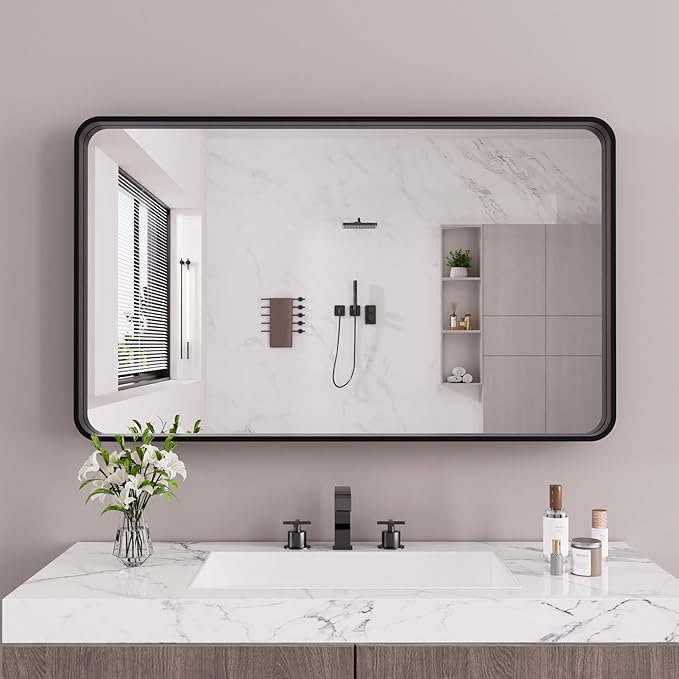 Black Bathroom Mirror 60X30 Inch, Black Metal Framed Mirror for Wall, Rounded Rectangle Matte Bathroom Vanity Mirror with Tempered Glass, Anti-Rust, Horizontal/Vertical