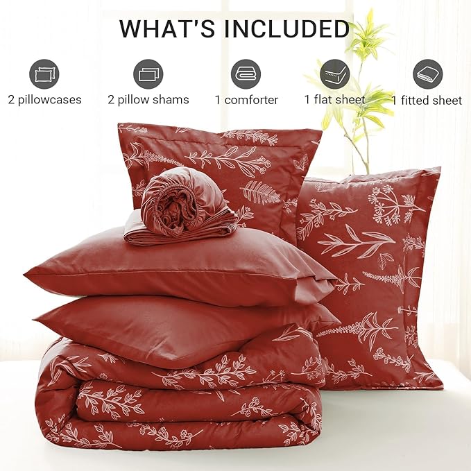MUXHOMO Terracotta Bed in a Bag Queen 7 Pieces, Queen Comforter Set Reversible Botanical Flowers Design, Ultra Soft & Breathable Bedding Sets with Comforter, Sheets, Pillowcases & Shams