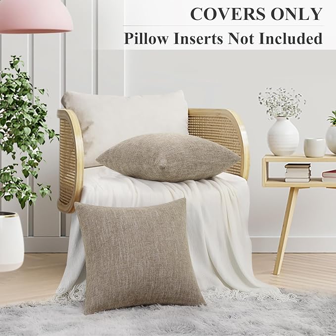 decorUhome Chenille Decorative Throw Pillow Covers 16x16 Set of 2, Farmhouse Textured Square Neutral Solid Accent Pillow Covers for Couch Sofa Bed Living Room Home Decor, Khaki