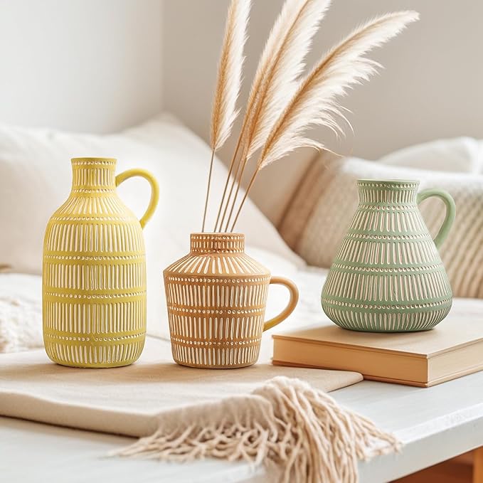 Boho Ceramic Vase Set of 3 for Living Room Bedroom Modern Yellow Brown Green Fake Flower Plant Vases for Home Decor Office Centerpieces Antique Retro Rustic Farmhouse Vintage Classic Gift