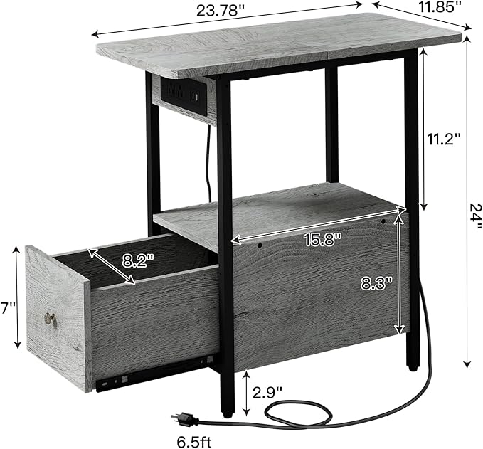 LIDYUK End Table with Charging Station, Narrow Side Table with Drawer and USB Ports & Power Outlets, Nightstand Bedside Tables for Small Spaces, Bedroom, Living Room, Light Grey