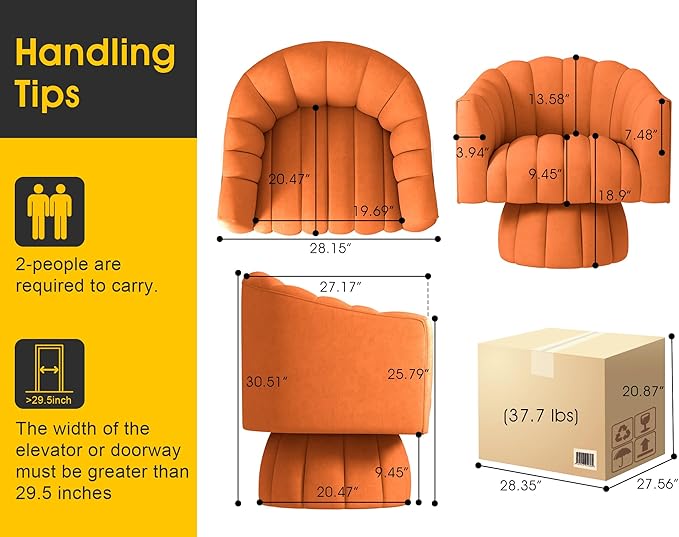 Accent Chair Mid Century 360 Degree Swivel Chair,Modern Lounge Sofa Round Barrel Chair with Wide Upholstered,Fluffy Velvet Fabric Chairs for Home Sofa Living Room/Bedroom/Waiting Room (Orange)