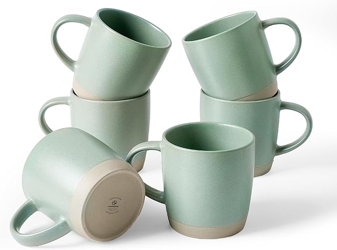 famiware Coffee Mugs Set of 6, Milkyway 13 oz Mug Set, Ceramic Cup Set with Handle for Coffee, Tea, Cocoa, Milk, Light Green