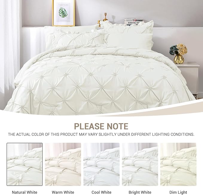 JOLLYVOGUE Ivory King Size Comforter Sets 7 Pieces, Pintuck Bed in a Bag Comforter Set for Bedroom, Bedding Comforter Sets with Comforter, Sheets, Ruffled Shams & Pillowcases
