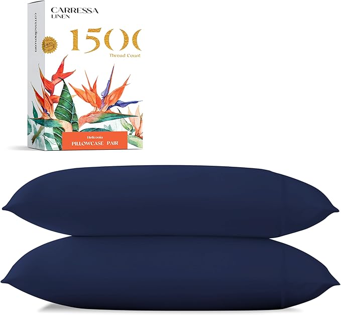 Carressa Linen 100% Egyptian Cotton Pillow Cases King Size Set of 2 - Luxury 1500 Thread Count Sateen Navy Blue Pillow Covers, Soft & Breathable 5 Star Hotel-Quality Pillowcases, Fits King Pillows