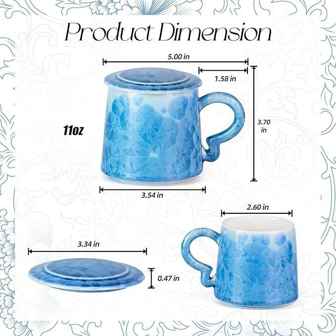 Coffee Mug with Lid, Porcelain Tea Cups Set of 2, 11oz Covered Crystalline Glaze Espresso Mugs, Ceramic Demitasse for Coffee, Cappuccino, Latte, Americano, Tea, Water (Deep Blue and Light Blue)