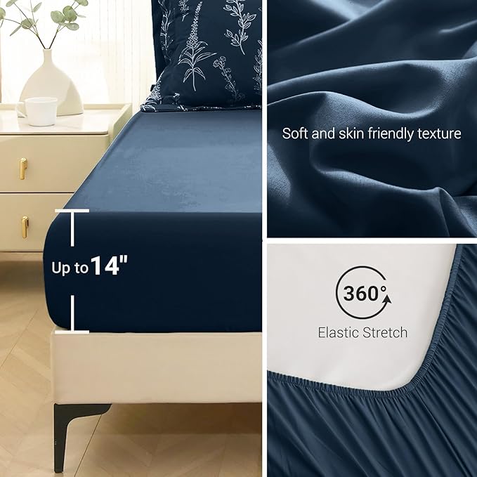 MUXHOMO Navy Blue Full Comforter Set, Elegant Floral Print Bed in a Bag 7 Pieces, Ultra Soft & Breathable Reversible Botanical Pattern Bedding Set with Comforter, Sheets, Pillowcases, and Shams