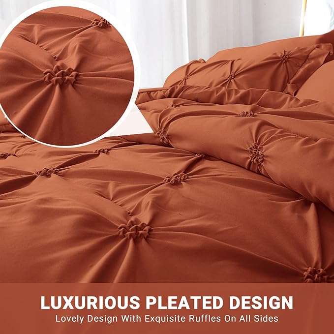 JOLLYVOGUE Burnt Orange Twin Size Comforter Sets 5 Pieces, Pintuck Bed in a Bag Comforter Set for Bedroom, Bedding Comforter Sets with Comforter, Sheets,Ruffled Shams & Pillowcases
