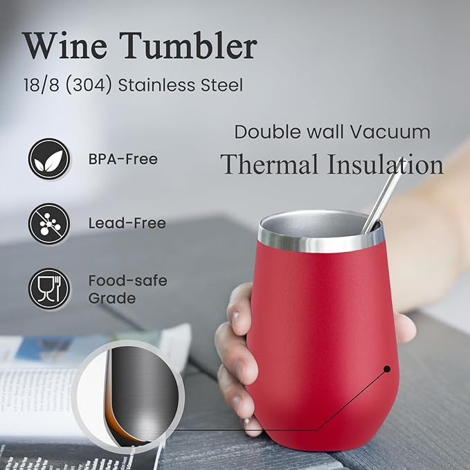 MEWAY Durable 12oz Stainless Steel Wine Tumbler with Lid and straw - Vacuum Insulated Coffee and Wine Cups for Travel, Parties, and Outdoor Events(Red, Set of 8)