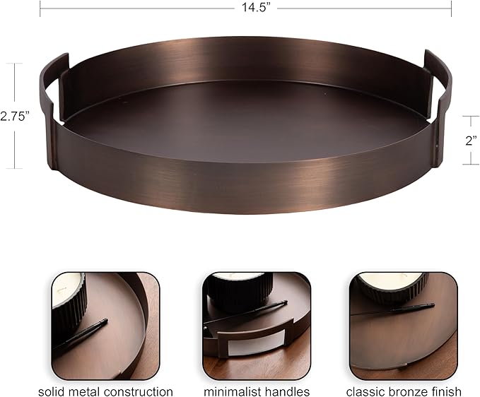 Kate and Laurel Myo Transitional Metal Round Tray; 15 Inch Diameter; Bronze; Modern Glam Circular Decorative Serving Tray with Handles for Use as Living Room Ottoman Table or Entryway Tray Decor