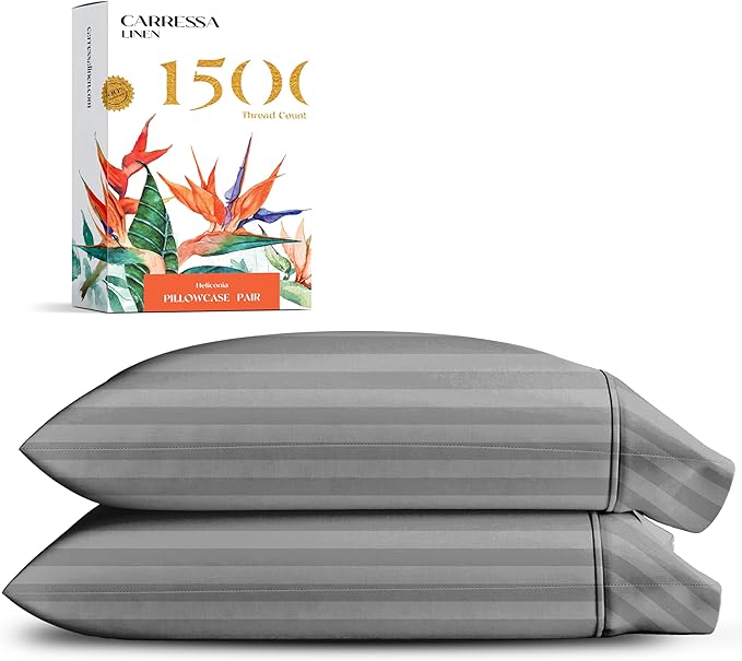 Carressa Linen 100% Egyptian Cotton Pillow Cases King Size Set of 2-1500 Thread Count Sateen Dark Grey Stripe Pillow Covers, Luxury 5 Star Hotel-Quality Pillowcases, Fits King Pillows
