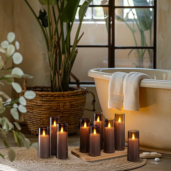 Amagic Grey Flameless Candles 9 Set, Battery Operated Candles with Remote Control and Timer, Flickering LED Pillar Candles for Home Halloween Decor, 3D Wick, Warm Yellow Light, D2.2 xH5 6" 7"