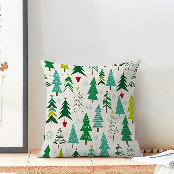 Christmas Pillow Covers 20 x 20 Inch, Colorful Sage Green Teal Christmas Tree Decor Throw Pillows for Home Couch Bed, Winter Xmas Snowflake Decorative Pillowcase Linen Cushion Cover Set of 2