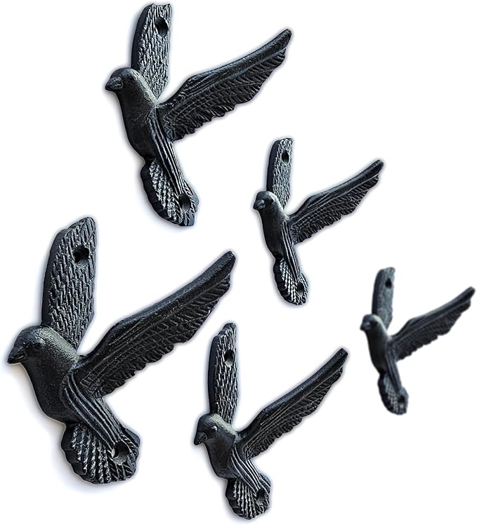 Ambipolar Flying Style Iron Cast Decorative Pigeon Bird Wall Mounted Coat Hooks, 5 Pieces, Black