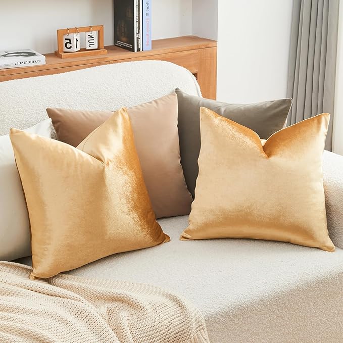 Throw Pillow Covers Gold Set of 2 16x16 Inch Pillow Covers, Soft Velvet Fall Decorative Cases for Couch Sofa Bed, Home Boho Decor, Modern Farmhouse Cushion Covers