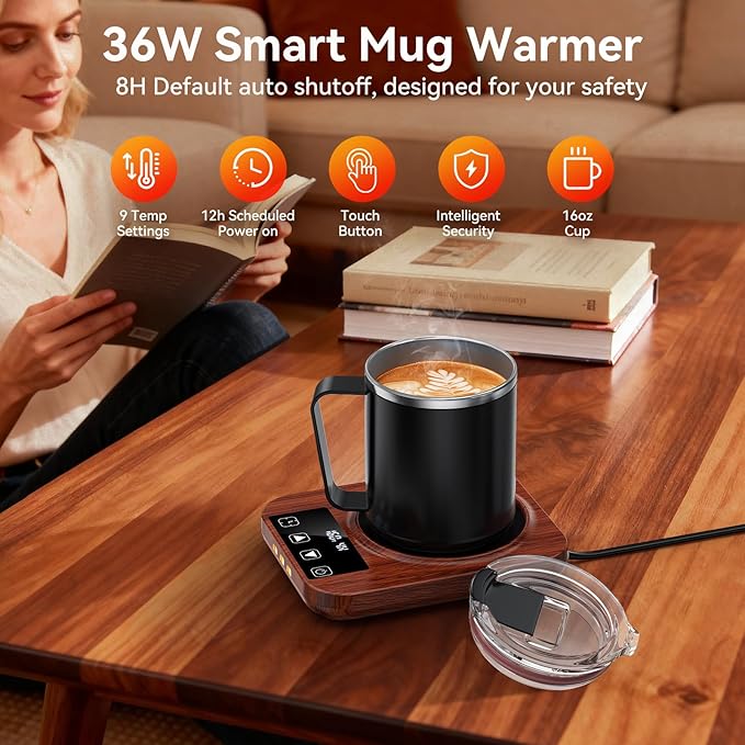 Coffee Mug Warmer & Mug Set for Desk, 36W Electric Coffee Cup Warmer with 16oz Cup, 9 Temp Settings Auto Shut Off Heated Mug Plate for Home Office Desk Accessories, Gifts for Women Men, Wood
