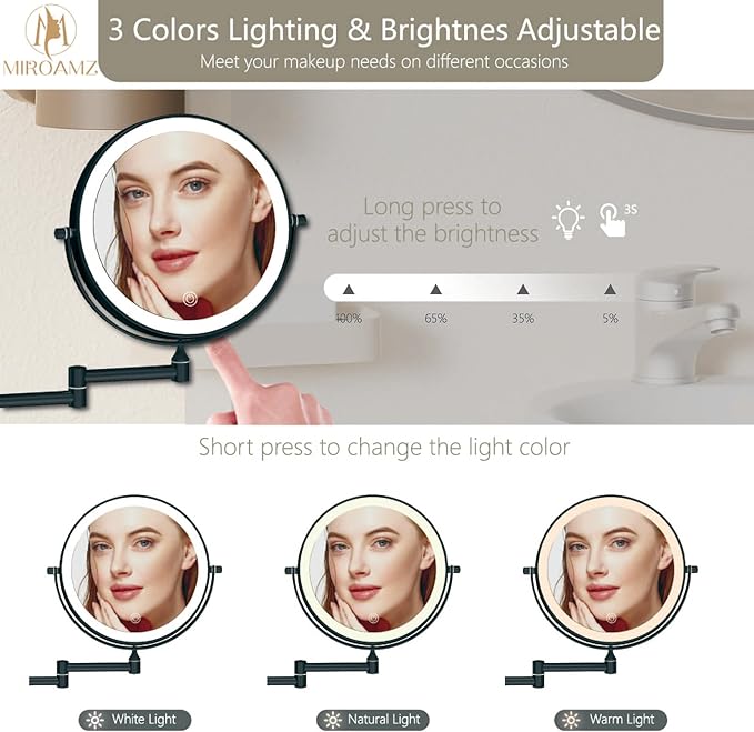 Rechargeable Wall Mounted Lighted Makeup Vanity Mirror 8 Inch Double Sided 1X 10X Magnifying Bathroom Mirror, 3 Color Lighting, Touch Screen Dimming, 360 Rotation Shaving Matte Black