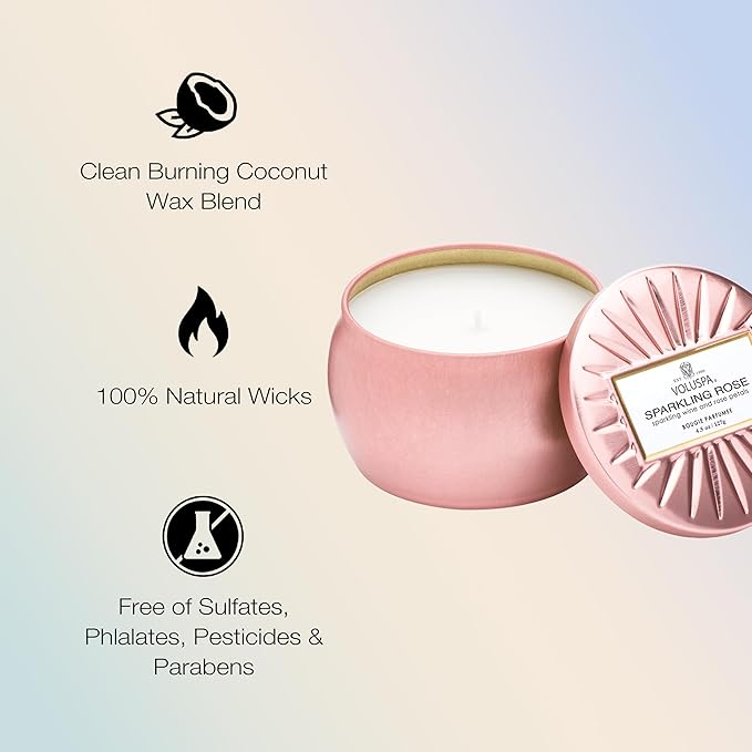 Voluspa Sparkling Rose, Mini Tin Candle, 4 Ounce, 25 Hour Burn Time, Coconut Wax for Clean Burning, Handcrafted in The USA