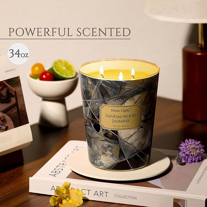HomeLights Soy Wax Candles for Home Scented, 3-Wick Candles in Sandalwood Jasmine Scented, Industrial Chic Aromatherapy Candles Gift for Parties, Relaxing, 34oz